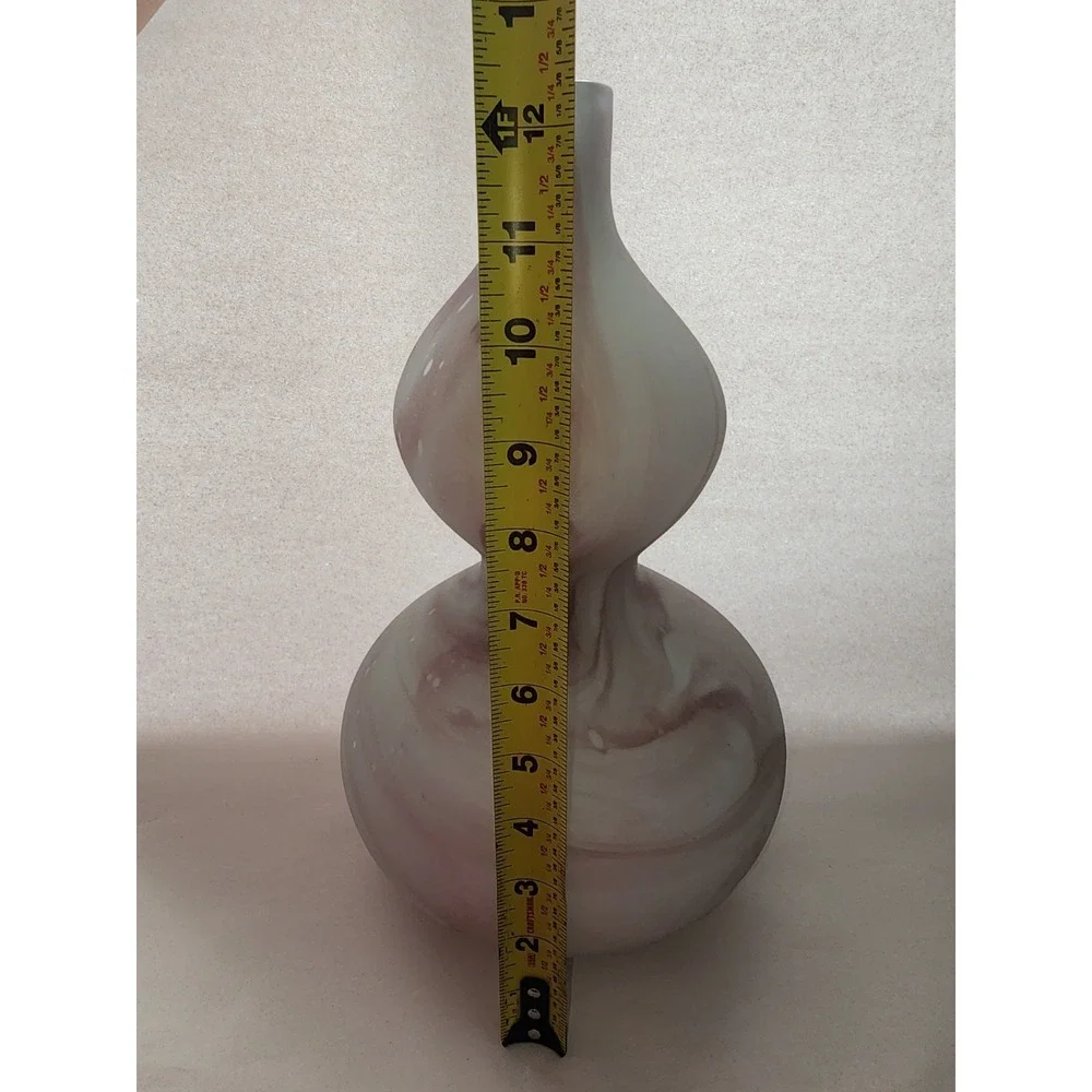 Hand Blown Glass Double Gourd Vase Frosted White Mauve Marbled Swirl 12.5 Inch